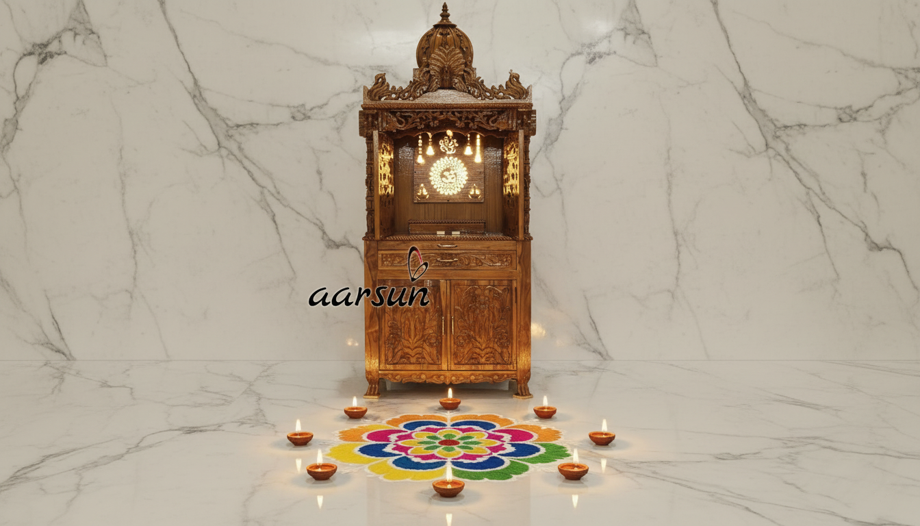 Royal Wooden Mandir with Decorative Lights